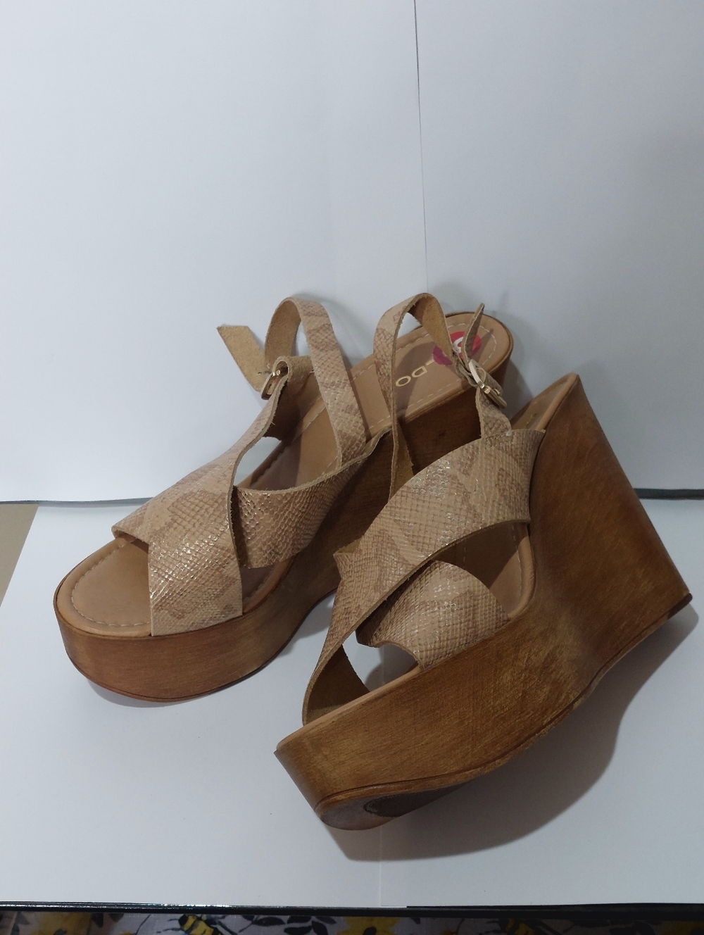 Aldo Beige Snake-Print Platform Wedge Sandals